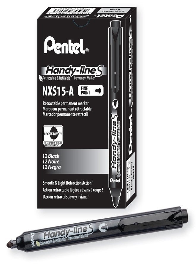 بنتل قلم تحديد دائم قابل للسحب وإعادة التعبئة من Pentel Handy-line S، رأس مدبب، جسم أسود، حبر أسود، علبة من 12 قلم (NXS15-A) - Image 1